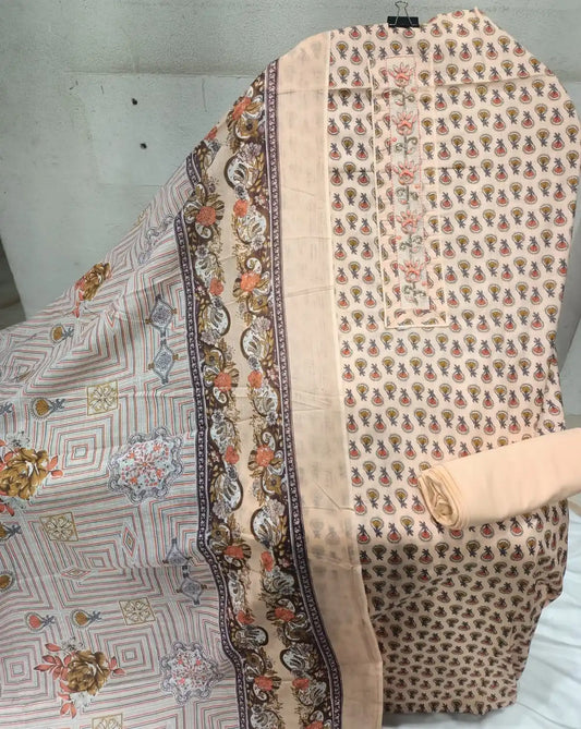 Unstitched Suit with Neck Embroidery & Cotton Dupatta