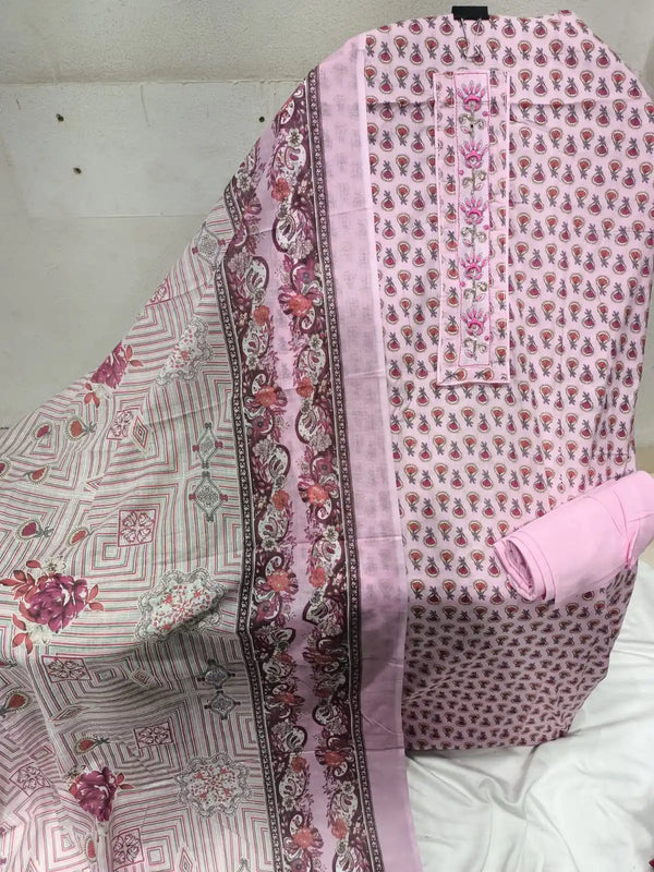 Unstitched Suit with Neck Embroidery & Cotton Dupatta