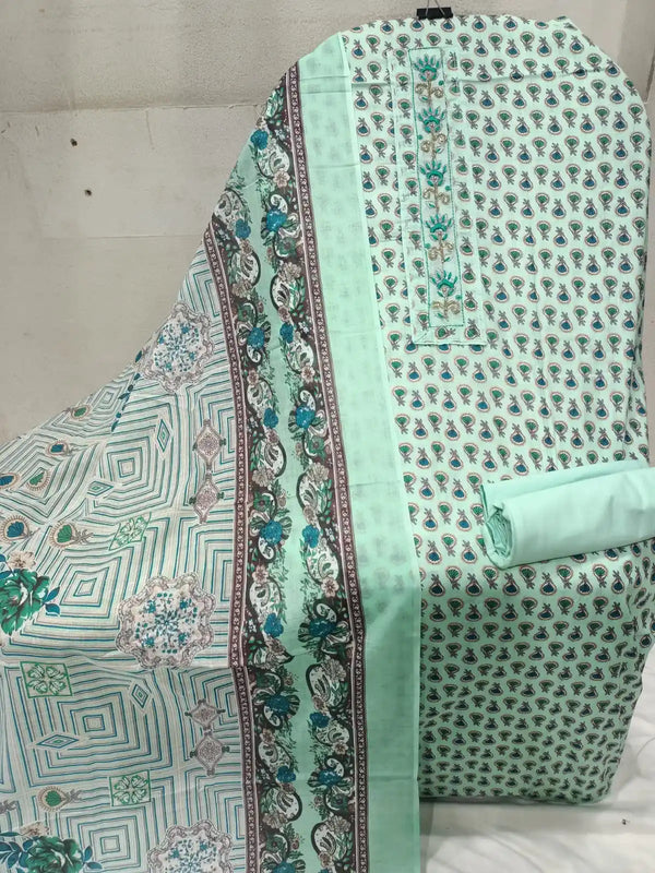Unstitched Suit with Neck Embroidery & Cotton Dupatta