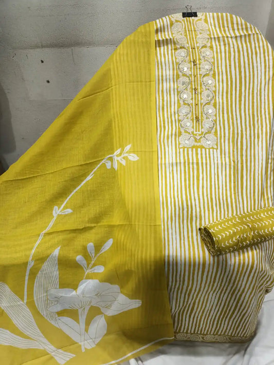 Unstitched Suit with Neck Embroidery & Cotton Dupatta