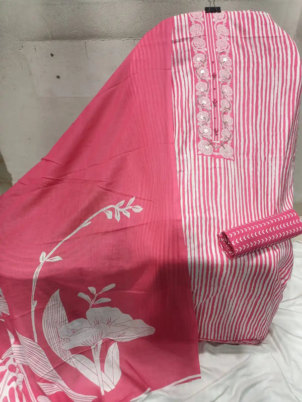 Unstitched Suit with Neck Embroidery & Cotton Dupatta