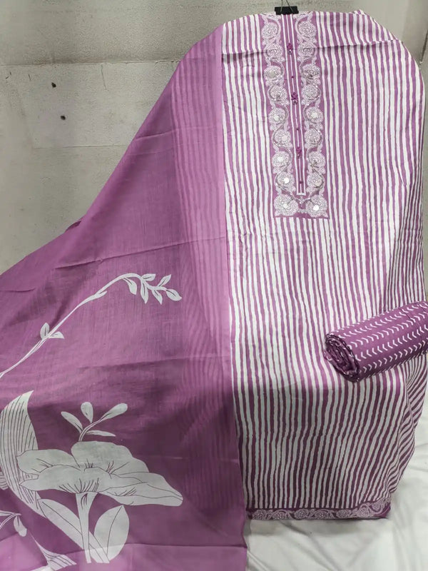Unstitched Suit with Neck Embroidery & Cotton Dupatta