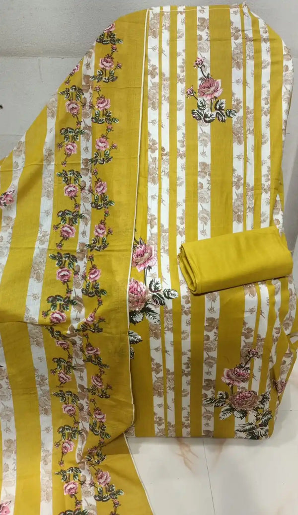 Unstitched Suit with Neck Embroidery & Cotton Dupatta