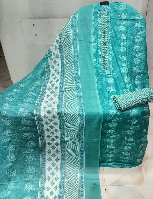Unstitched Suit with Neck Embroidery & Cotton Dupatta