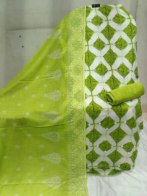 Unstitched Suit with Neck Embroidery & Cotton Dupatta