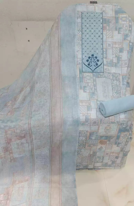 Unstitched Suit with Neck Embroidery & Cotton Dupatta