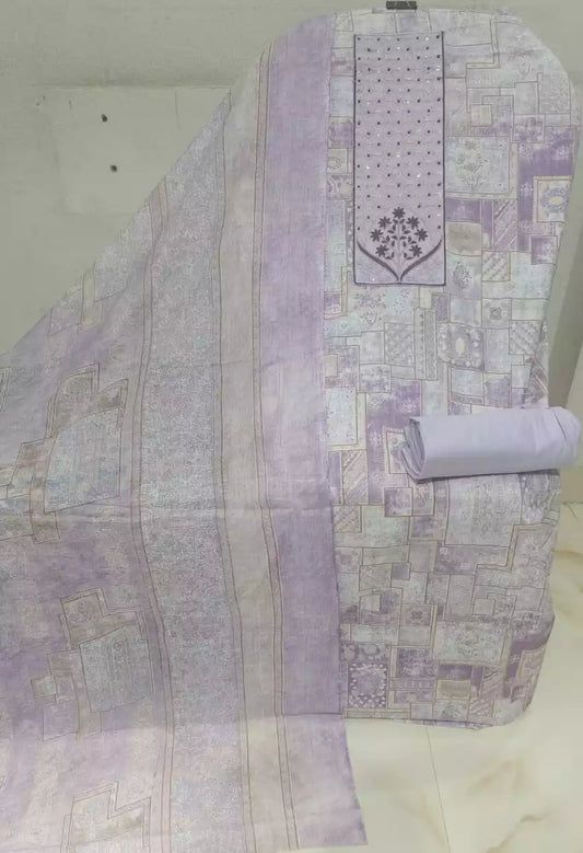 Unstitched Suit with Neck Embroidery & Cotton Dupatta