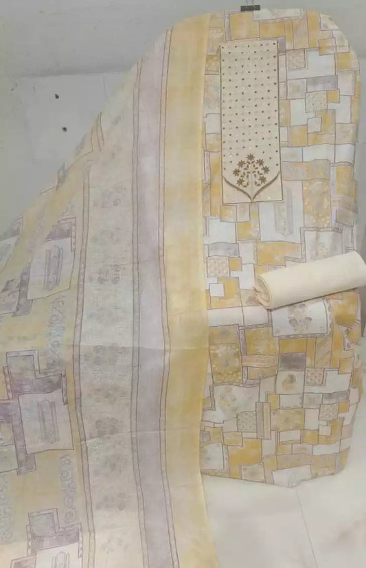 Unstitched Suit with Neck Embroidery & Cotton Dupatta