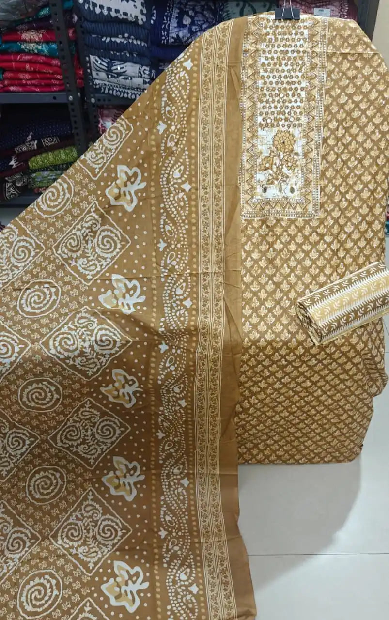 Majestic ethnic boomerang suit showcasing premium cotton fabric with intricate block prints and embroidered motifs by ASC.