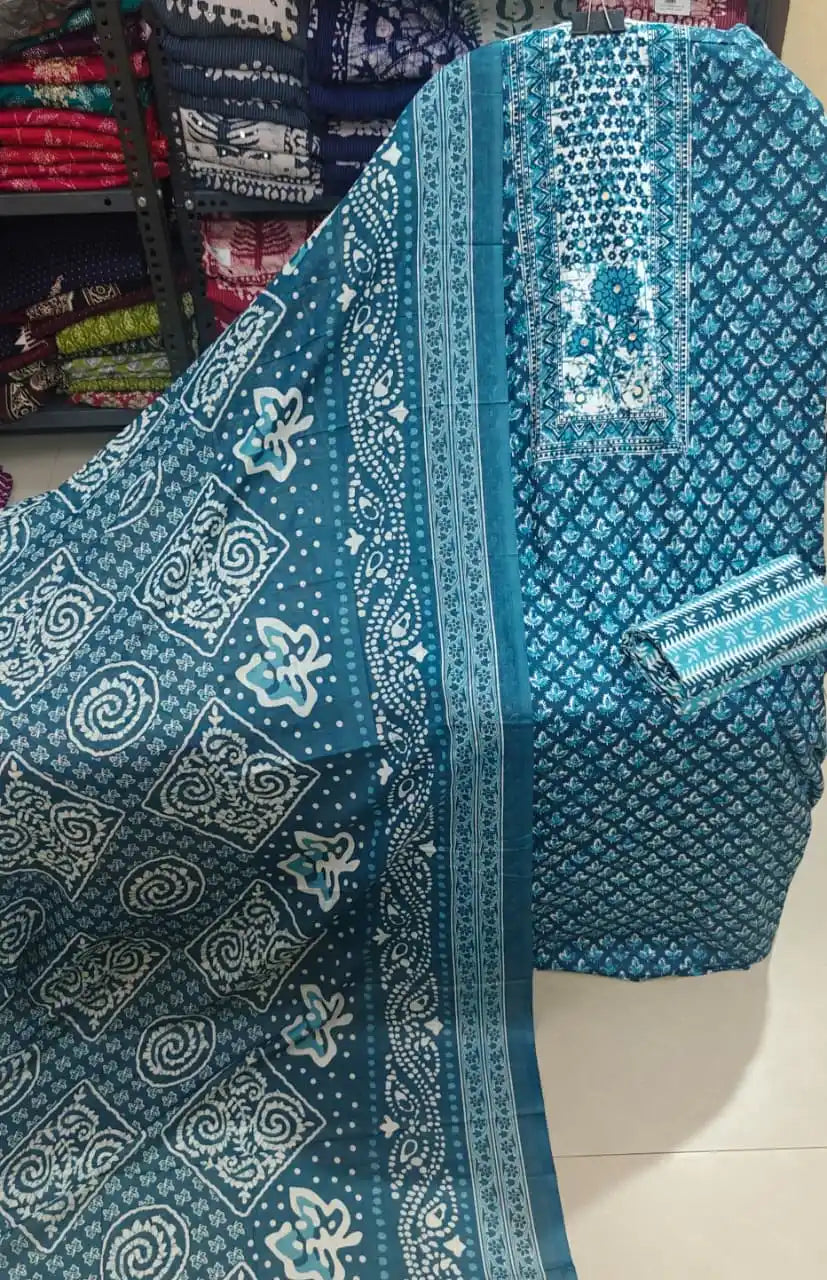Deep blue traditional cotton suit showcasing block print and embroidered neckline by ASC Fashion Store.