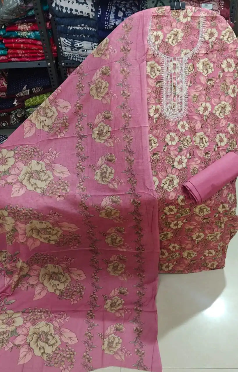 Pink Heavy Floral Gardenia Fabric by ASC Fashion Store, perfect for unstitched suits, featuring intricate embroidery.