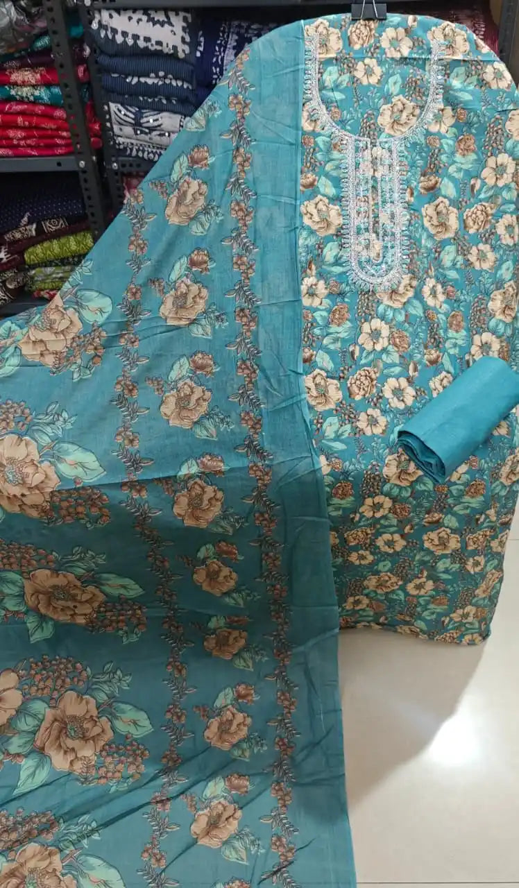 Teal blue vintage bouquet suit featuring vintage rose prints and embroidered neck panel, available at ASC Fashion Store.