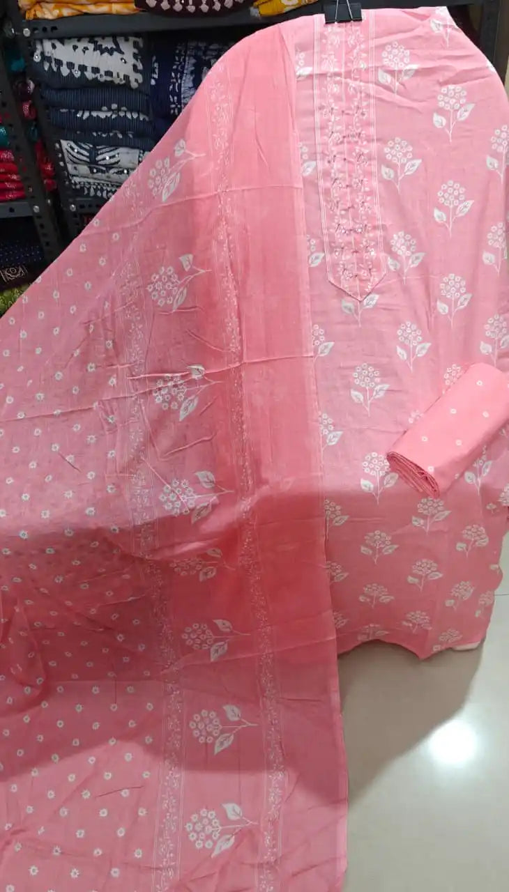 Graceful floral cotton suit material featuring floral prints and pink hues by ASC Fashion Store.