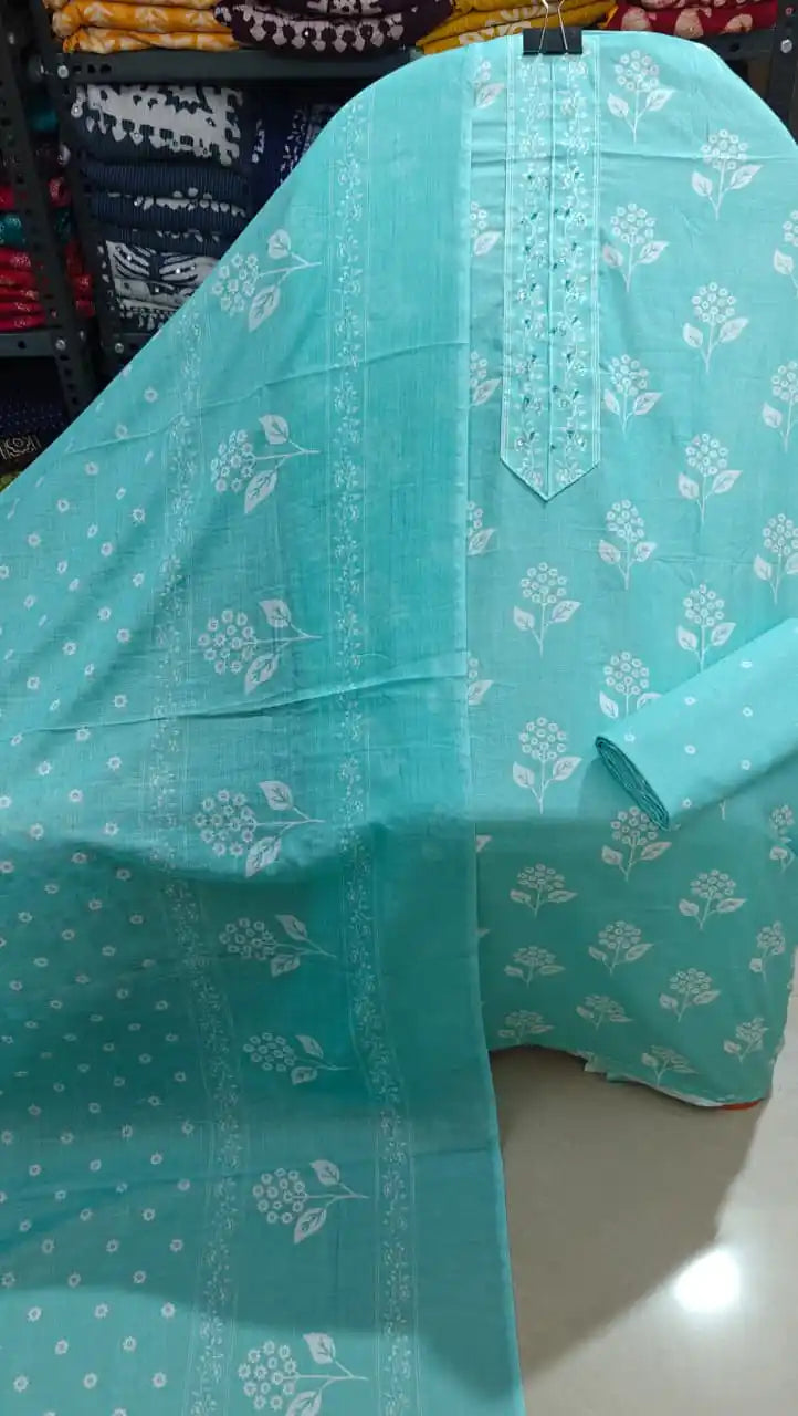 Bright daily wear unstitched cotton suit set with floral bootis.