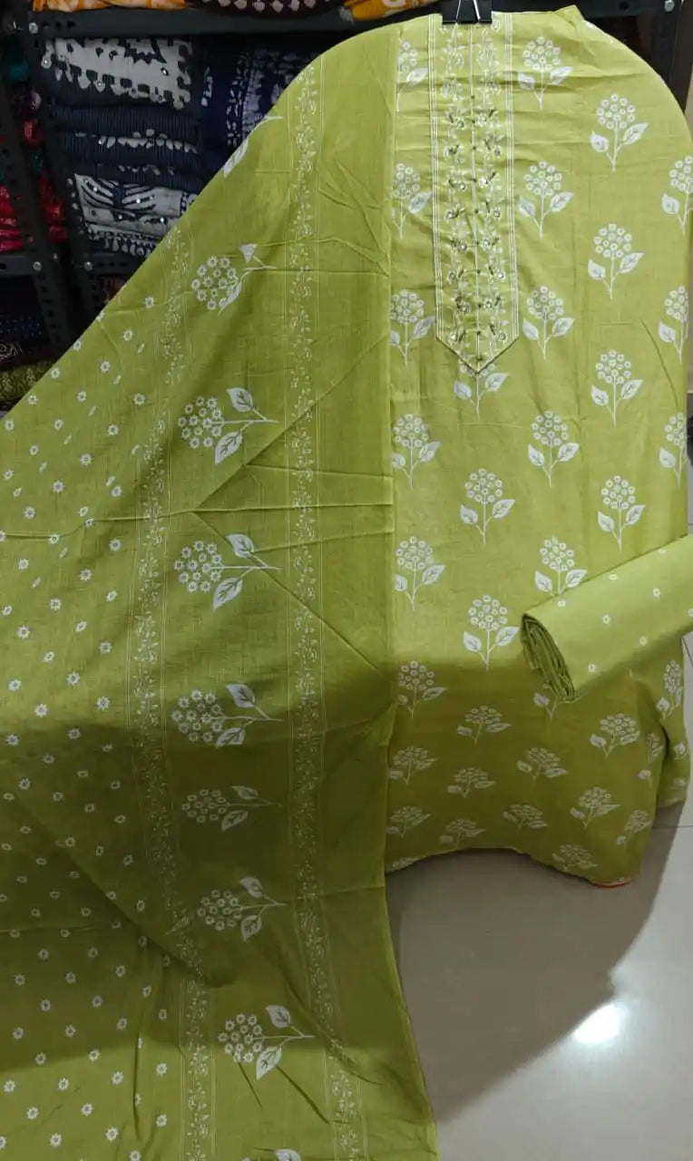 Olive green hand-block cotton suit featuring white leaf patterns and embroidered neckline, perfect for daily wear.