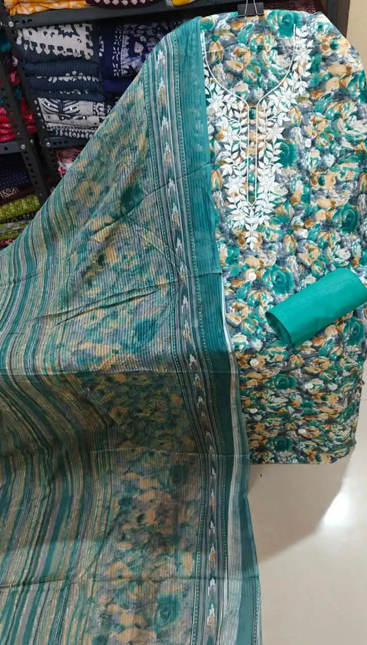Heavily printed unstitched suit with dense floral pattern and white neck work.