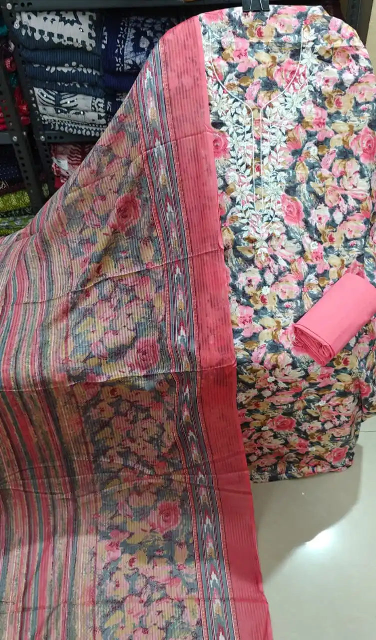 Premium cotton unstitched suit with abstract floral prints.