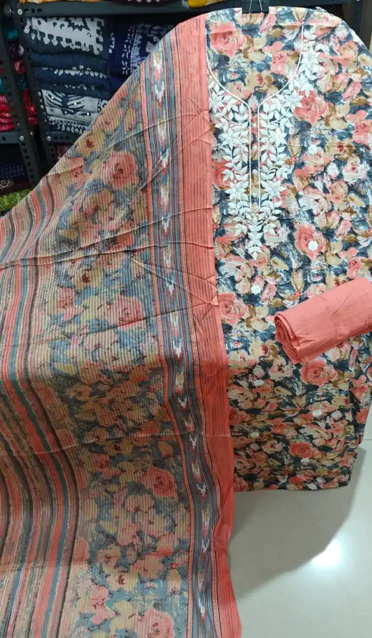 Unstitched cotton suit with rich multi-colored rose and leaf motifs.