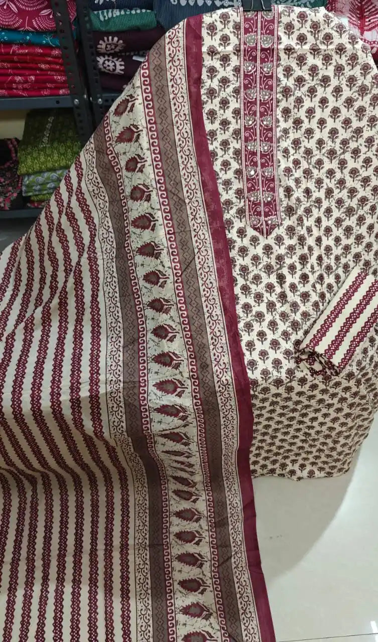 Cream maroon cotton unstitched suit showcasing intricate patterns and textures, perfect for stylish attire.