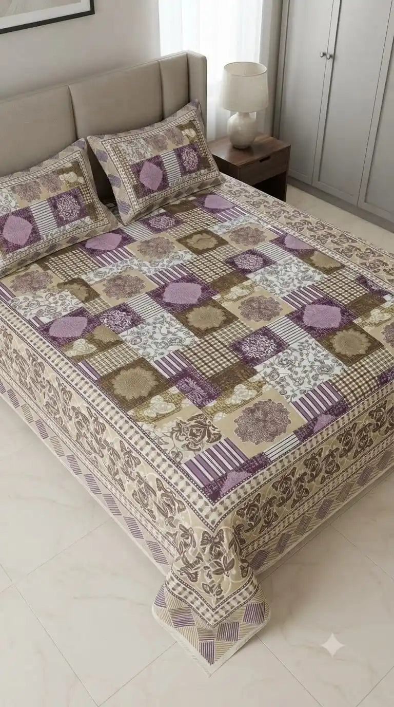 jaipuri double bedsheet set displayed on a bed with two matching pillow covers in elegant design and colors.