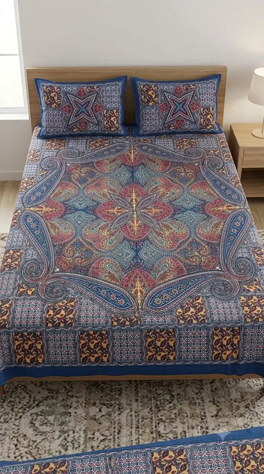 Royal Purple Paisley Double Bedsheet displayed on a bed with two matching pillow covers at ASC Fashion Store.