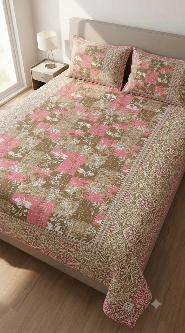 purple mauve paisley mandala bedsheet on a bed with coordinating pillows and modern decor.