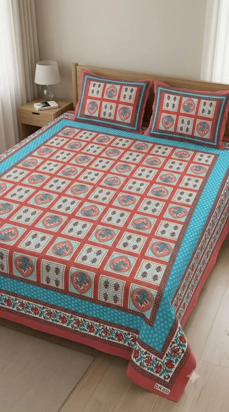 Coral Aqua Double Bedsheet Set displayed on a bed with matching pillow covers in a stylish bedroom setting.