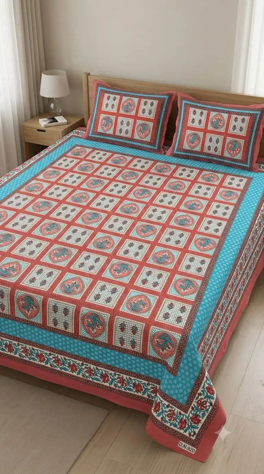 Coral Aqua Double Bedsheet Set displayed on a bed with matching pillow covers in a stylish bedroom setting.