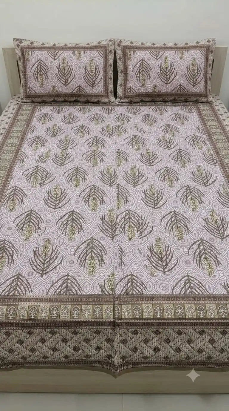 Mauve fern double bedsheet set displayed with two matching pillow covers on a bed.