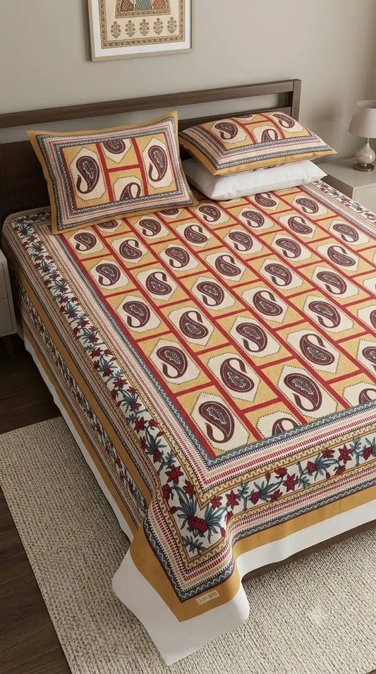 Bright mustard yellow grid pattern bedsheet filled with dark red paisley motifs.