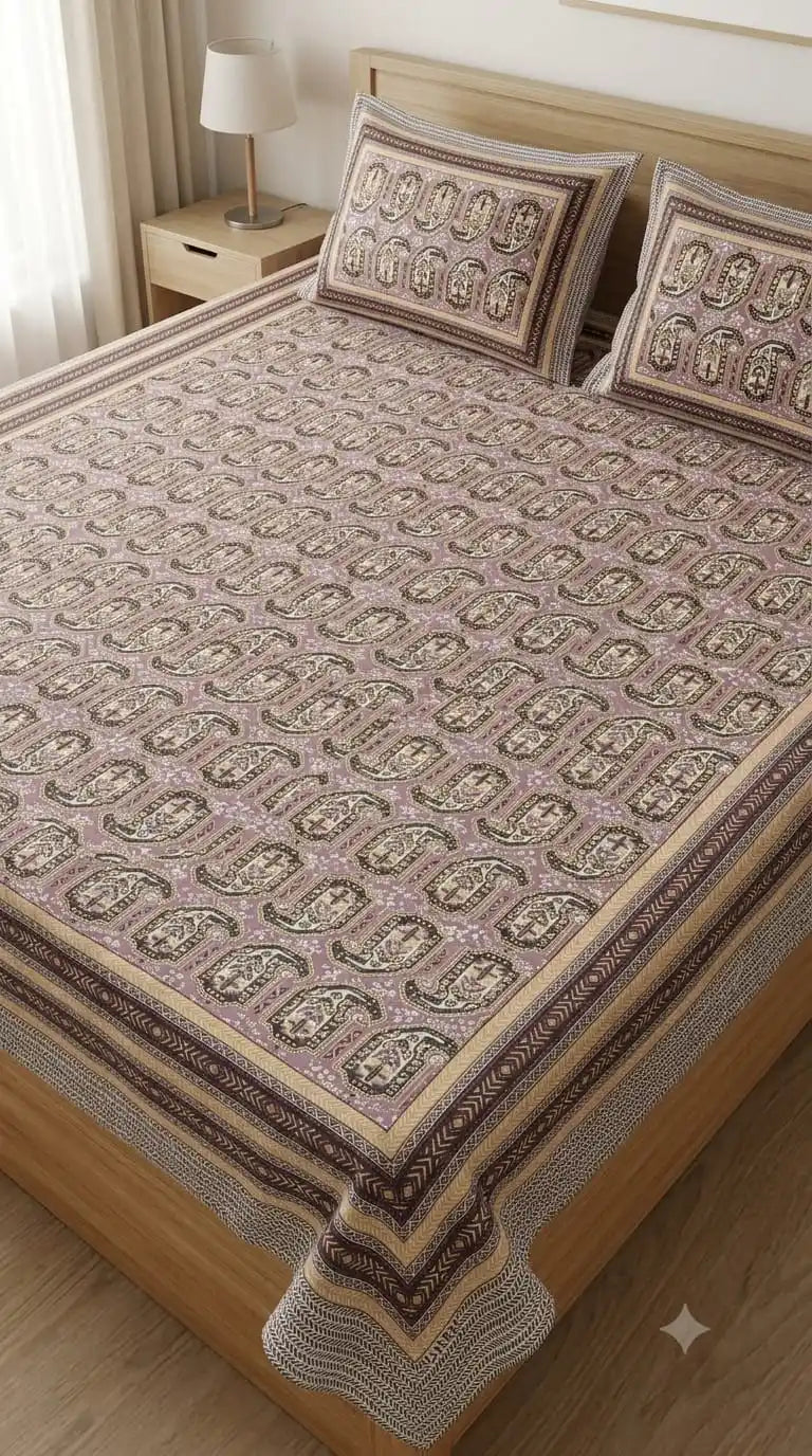 Decorative bedspread with intricate patterns on a bed in a bedroom setting.
