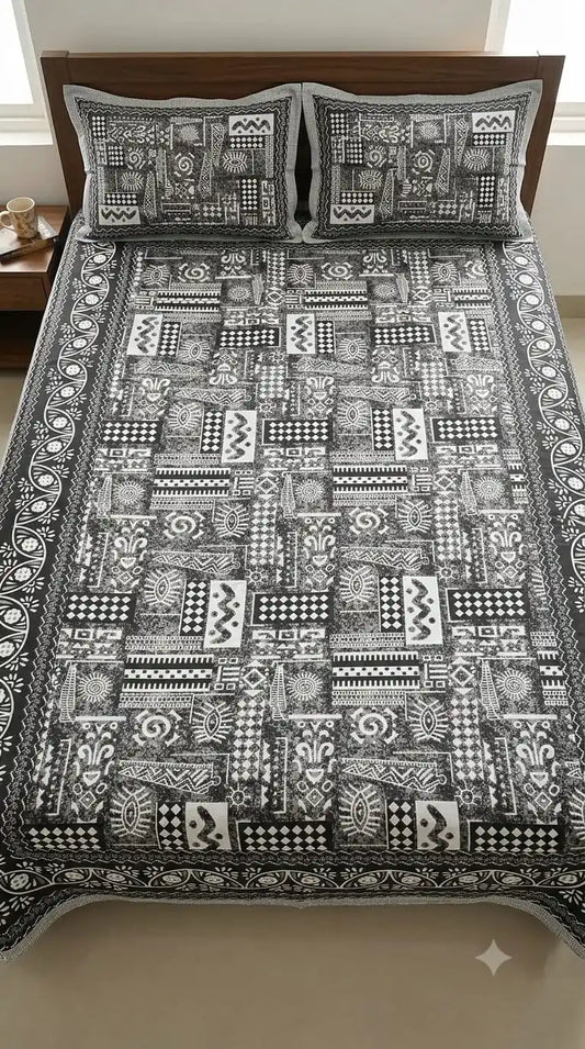 tribal black double bedsheet set displayed on a bed with two matching pillow covers.