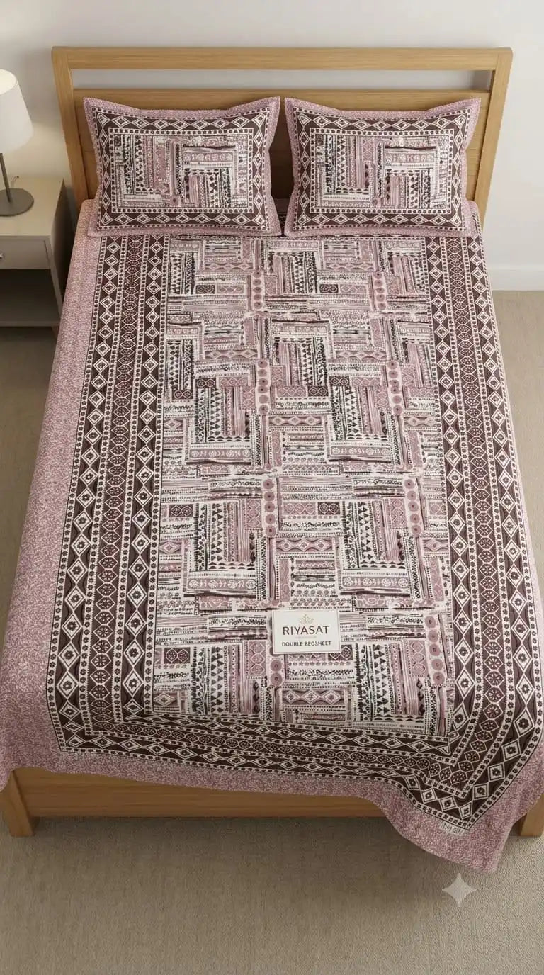 Pink Maze Double Bedsheet Set displayed on a wooden bed with two matching pillow covers, premium quality Jaipur design.