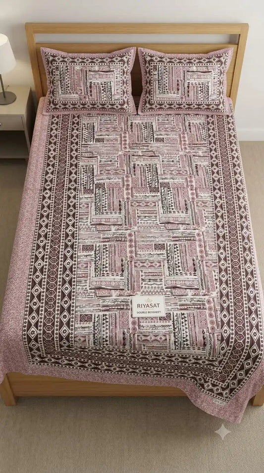 Pink Maze Double Bedsheet Set displayed on a wooden bed with two matching pillow covers, premium quality Jaipur design.