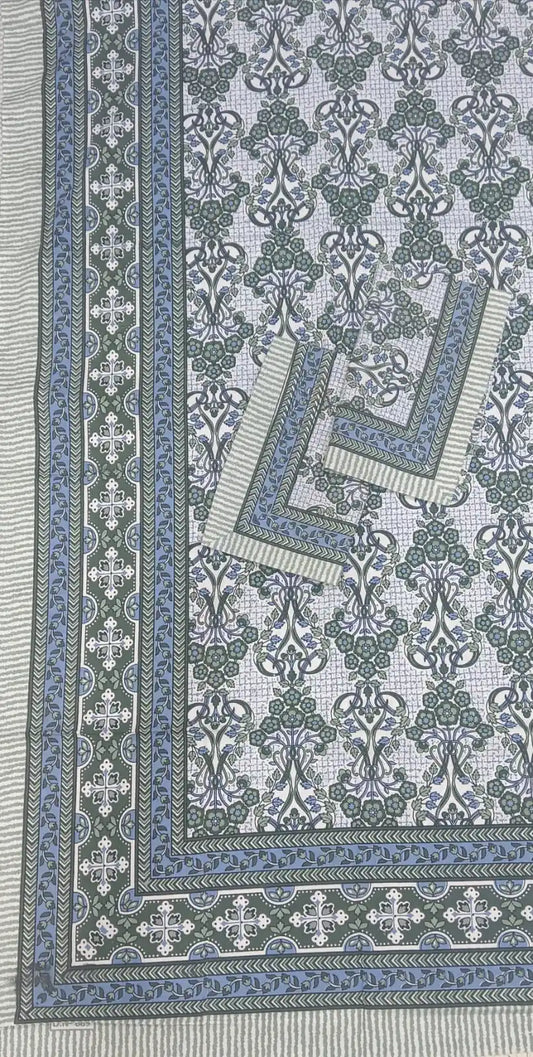 JAIPURI DOUBLE BEDSHEET (7x8 ft) featuring intricate designs in blue and green for elegant bedroom décor.
