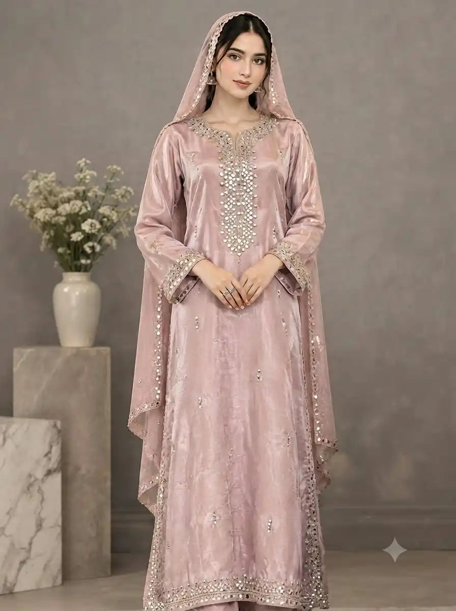 A woman models a light pink traditional South Asian salwar kameez suit with intricate silver embroidery and a matching sheer dupatta, set against a neutral gray studio background with decorative props.