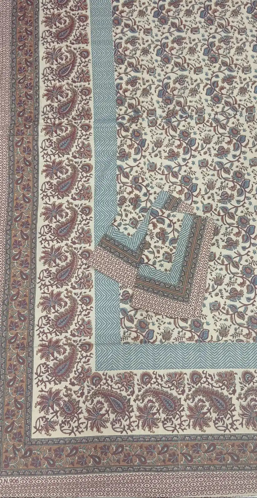 JAIPURI DOUBLE BEDSHEET (7x8 ft) with intricate floral pattern and border design, includes 2 matching pillow covers.