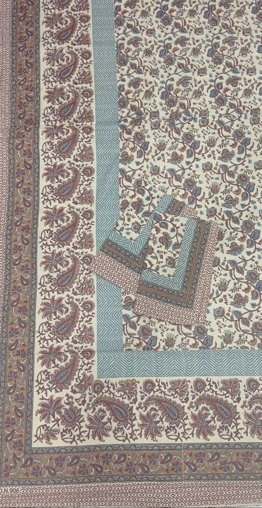 JAIPURI DOUBLE BEDSHEET (7x8 ft) with intricate floral pattern and border design, includes 2 matching pillow covers.