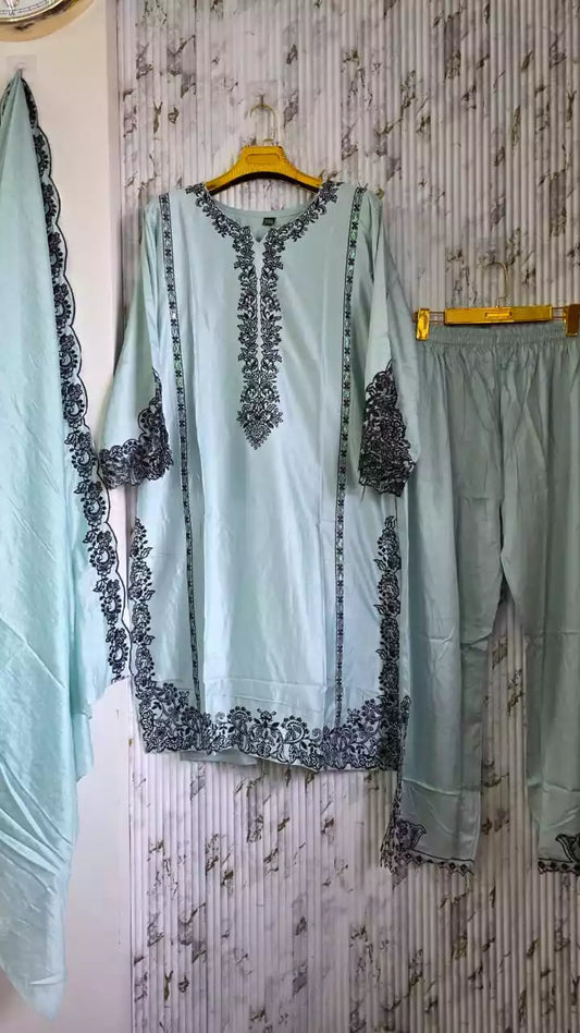 SATIN RAYON KARACHI DESIGNER SUIT