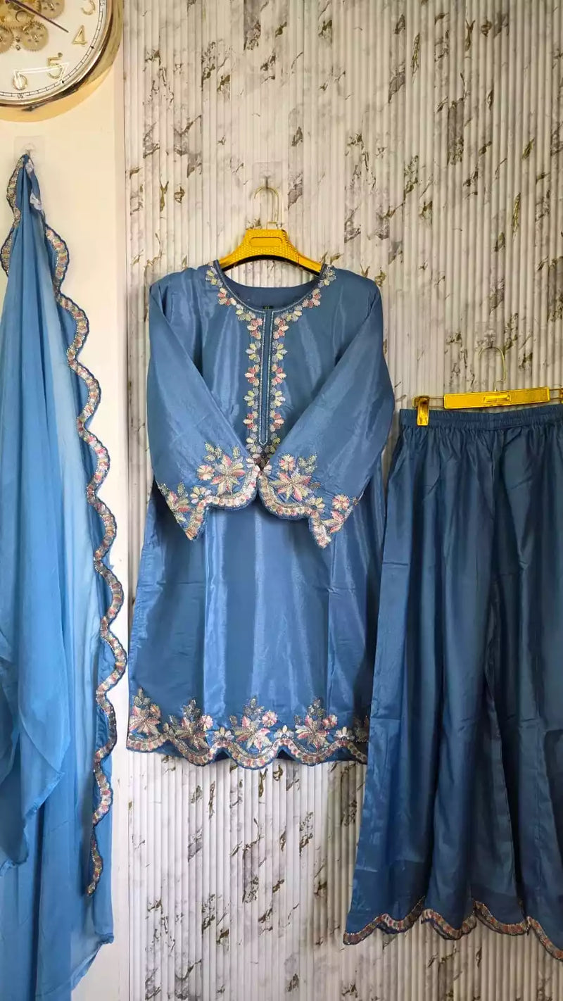 SATIN RAYON KARACHI DESIGNER SUIT WITH RUSSIIAN PLAZO