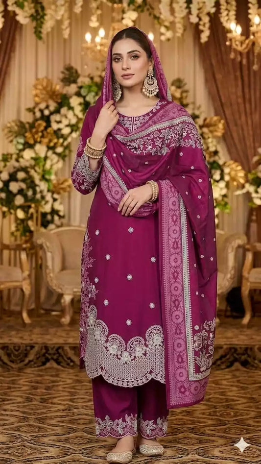 Premium Quality Rayon Embroidered collection with rayon pant with miyani and dupatta maslin digital print