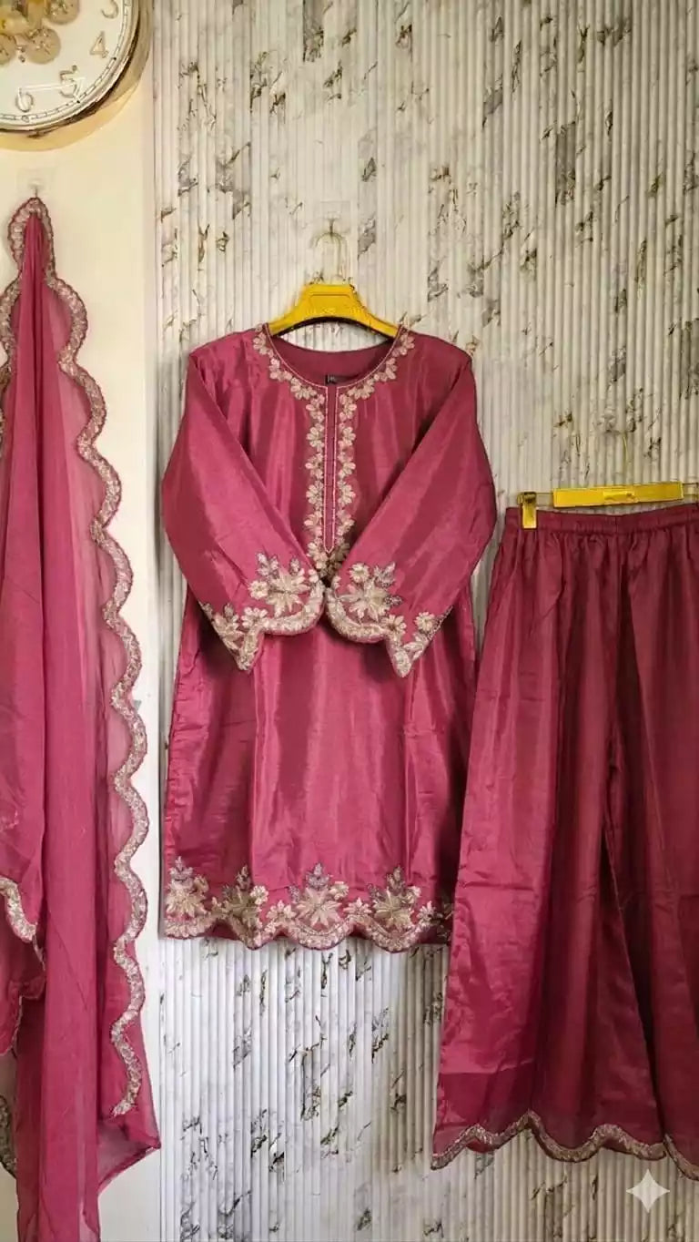 SATIN RAYON KARACHI DESIGNER SUIT WITH RUSSIIAN PLAZO