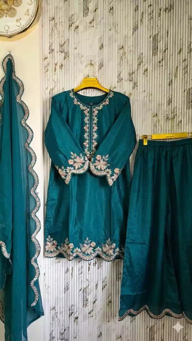 SATIN RAYON KARACHI DESIGNER SUIT WITH RUSSIIAN PLAZO