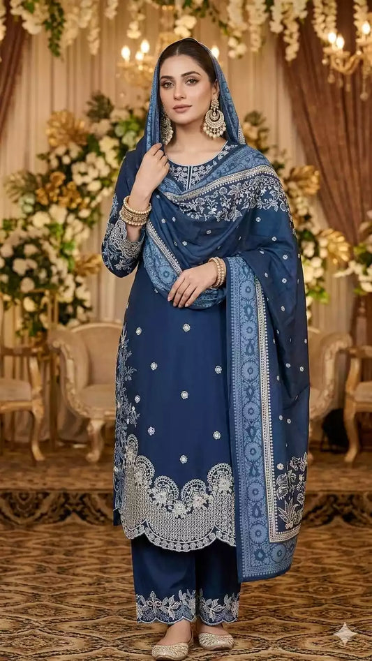 Premium Quality Rayon Embroidered collection with rayon pant with miyani and dupatta maslin digital print