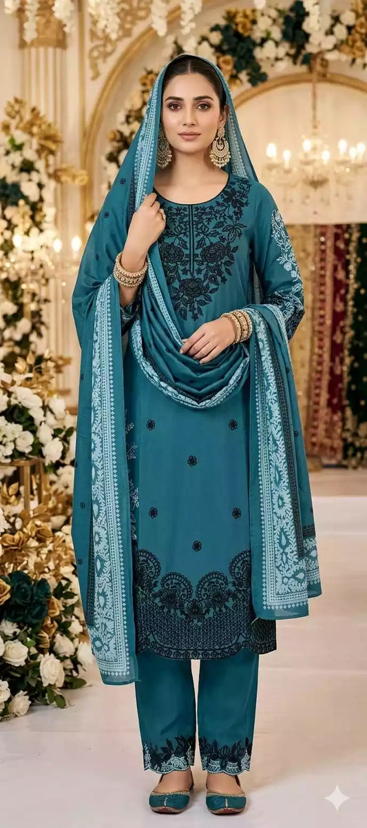 Premium Quality Rayon Embroidered collection with rayon pant with miyani and dupatta maslin digital print