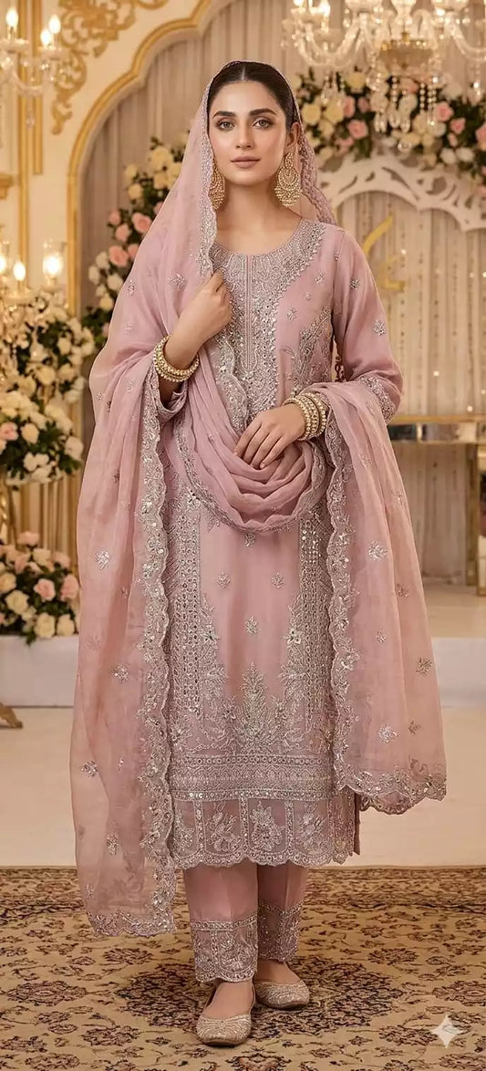 RUSSIAN PLAZZO HEAVY EMBROIDERED DESIGNER READYMADE CREAM COLOR SUIT WITH DUPATTA EMBROIDERED