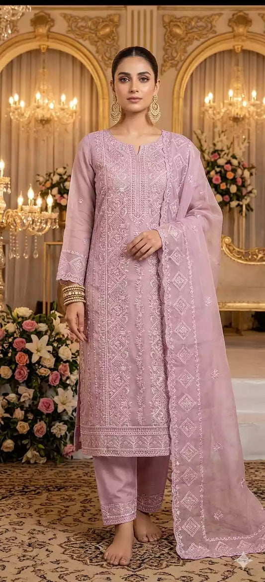 RUSSIAN PLAZZO HEAVY EMBROIDERED DESIGNER READYMADE CREAM COLOR SUIT WITH DUPATTA EMBROIDERED