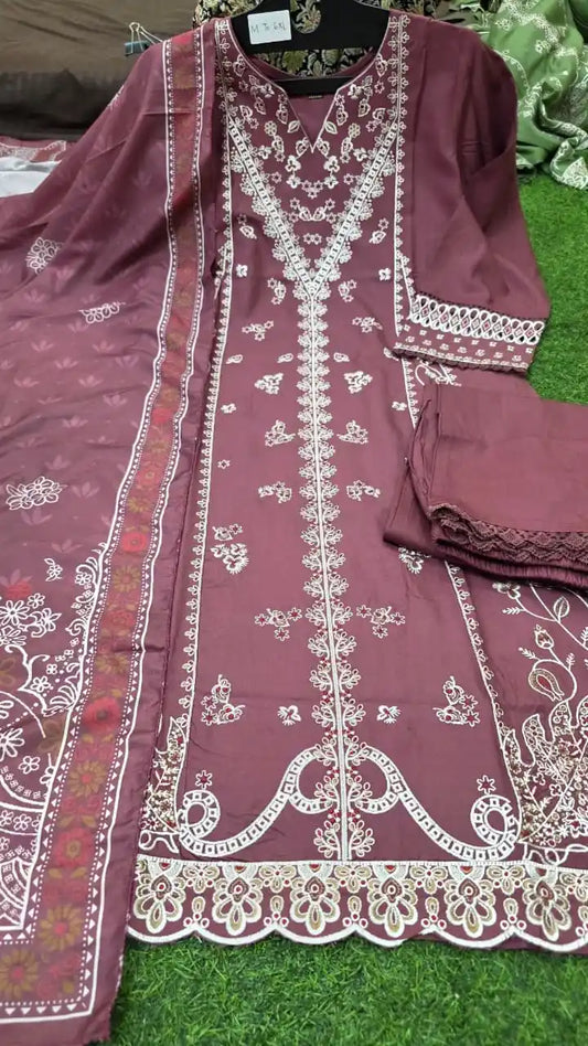 Rayon Readymade Designer Suit With Maslin Dupatta & Rayon Plazzo