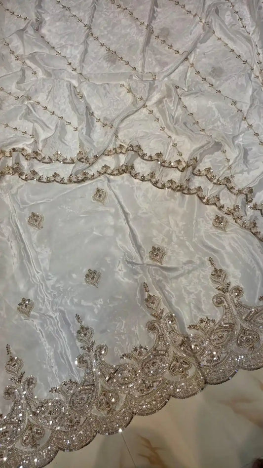 Original pakistani Hand work Designer Unstitched Suit in Natural Crepe Dyeable Fabrics