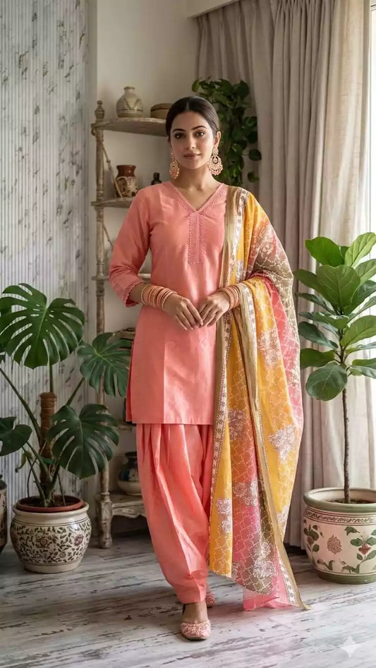Solid Peach farshi shalwar with printed dupatta